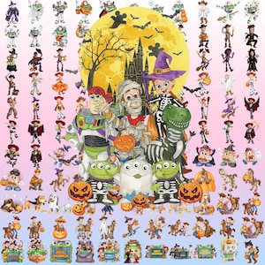 May include: A collection of Toy Story character stickers featuring Halloween themes. Characters like Buzz Lightyear, Woody, and Rex are dressed in costumes including mummies, skeletons, and witches, surrounded by pumpkins, bats, and a castle.