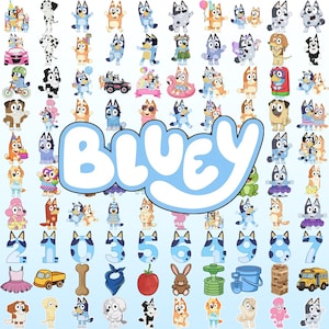 May include: A collection of Bluey character stickers featuring various poses of Bluey, Bingo, and friends, along with numbers, a yellow truck, a bone, a tomato, a brown rabbit, a green stack, a blue bucket, and a school bus, with the word BLUEY.