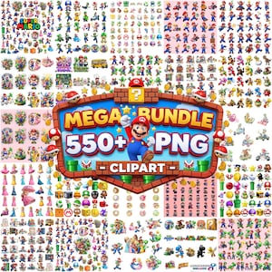 May include: A digital collection of Super Mario themed clipart featuring over 550 individual PNG files. The central graphic displays the text MEGA BUNDLE 550+ PNG CLIPART with a character illustration of Mario jumping in front of a brick wall.