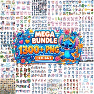 Könnte beinhalten: Eine digitale Sammlung von über 1300 PNG-Clipart-Bildern, die den blauen Alien-Charakter Stitch und den rosa Alien-Charakter Angel in verschiedenen Posen, Aktivitäten und tropischen Umgebungen zeigen, umrahmt von einem großen blauen Grafiketikett.