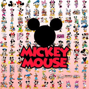 Puede incluir: Un collage digital que presenta numerosas ilustraciones coloridas de Mickey Mouse, Minnie Mouse, Donald Duck y otros personajes. Una gran silueta negra de la cabeza de Mickey Mouse está centrada sobre el texto rojo en negrita MICKEY MOUSE.