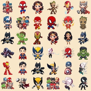 Puede incluir: Una colección de pegatinas de estilo chibi con varios superhéroes y villanos de cómics, incluidos Spider-Man, Iron Man, Batman, Wonder Woman, Hulk, Thor, Wolverine, Superman, Venom y Spider-Gwen, dispuestos en una cuadrícula sobre fondo claro.