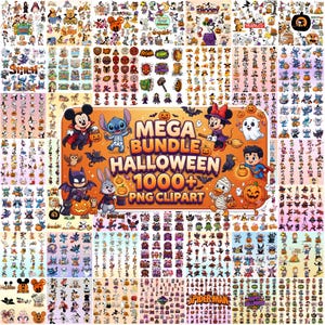 Può includere: Una collezione digitale di oltre 1000 file clipart PNG a tema Halloween con vari personaggi dei cartoni animati in costume, zucche, fantasmi e pipistrelli, con un cartello centrale arancione che recita MEGA BUNDLE HALLOWEEN 1000+ PNG CLIPART.