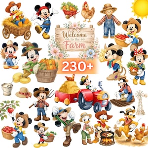 Può includere: Una collezione di illustrazioni a tema fattoria con Topolino, Minnie, Paperino e Pippo in salopette e cappelli di paglia. Include un cartello in legno con la scritta Welcome to the Farm, un trattore rosso, balle di fieno, polli e cesti di prodotti.