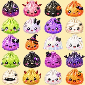 Puede incluir: Una colección de veinte personajes de albóndigas brillantes estilo dibujos animados dispuestos en una cuadrícula. Cada albóndiga presenta un diseño único con temática de Halloween, incluyendo calabazas, fantasmas, momias y brujas.