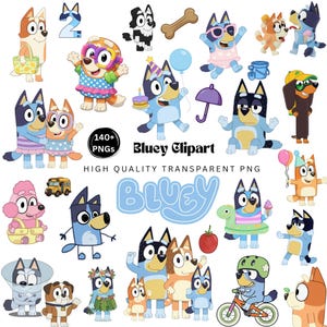 May include: A collection of Bluey digital clipart illustrations featuring various characters in different poses, outfits, and activities, including a birthday cake, a bicycle, a school bus, and a bone, with the text Bluey Clipart and 140+ PNGs.