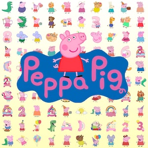 May include: A large blue logo with the text Peppa Pig in pink letters, centred over a light yellow background filled with a repeating pattern of various Peppa Pig characters, colourful numbers, rainbows, balloons, and party-themed illustrations.