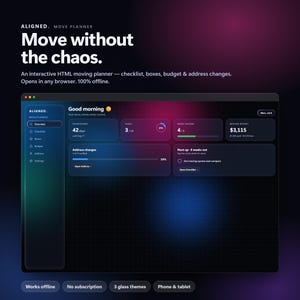 May include: An interactive HTML moving planner interface titled ALIGNED. MOVE PLANNER. The dark-themed dashboard displays a countdown, task progress, boxes packed, and moving budget. Text includes Move without the chaos and Good morning.