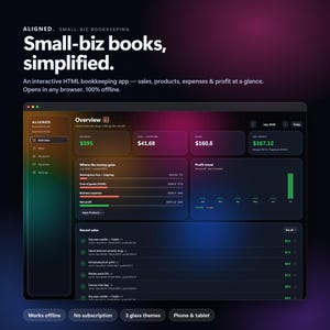 May include: A digital interface for Aligned small-biz bookkeeping software displayed on a screen. The dashboard features an overview of revenue, fees, costs, and net profit with charts and a list of recent sales. The dark theme includes text.