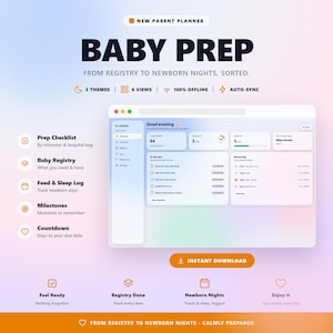 Aplicación de lista de verificación para el registro del bebé / Lista de verificación trimestral, bolsa para el hospital, hitos, registro de alimentación y sueño / Planificador de preparación para el bebé / Sin conexión, sin suscripción