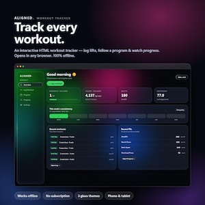 May include: A digital workout tracker interface titled ALIGNED with a dark theme, green and purple gradients, and a grid background. The dashboard displays workout statistics, recent sessions, and personal records, with text including Track every workout.
