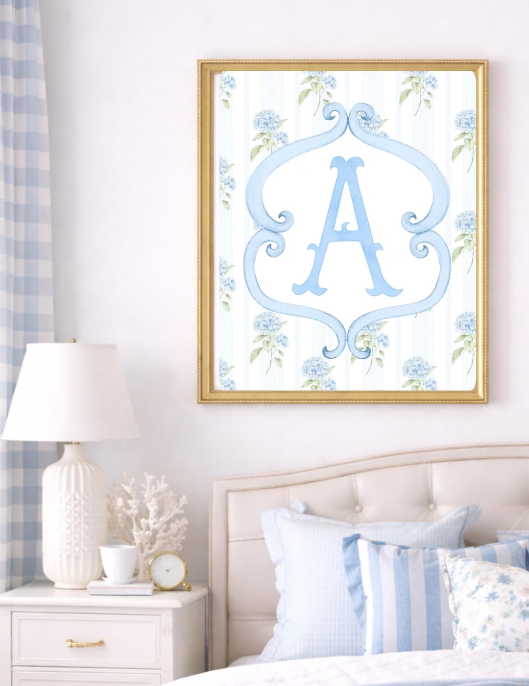 Blue Hydrangea Initial Print • Personalized Coastal Nursery Art ...