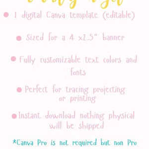 K&ouml;nnte beinhalten: Werbung f&uuml;r eine digitale Canva-Vorlage mit dem Text "What you get!" in gelber Schrift. Der Text listet Funktionen auf, darunter eine Bannergr&ouml;&szlig;e von 10,16 x 6,35 cm, anpassbare Textfarben und -schriftarten sowie sofortiger Download.