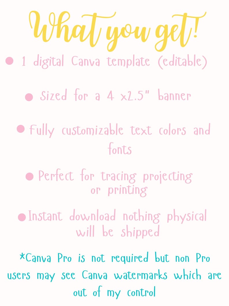 K&ouml;nnte beinhalten: Werbung f&uuml;r eine digitale Canva-Vorlage mit dem Text "What you get!" in gelber Schrift. Der Text listet Funktionen auf, darunter eine Bannergr&ouml;&szlig;e von 10,16 x 6,35 cm, anpassbare Textfarben und -schriftarten sowie sofortiger Download.