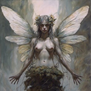 May include: A painting of a nude figure with large, detailed wings. The figure has long, silver hair and wears a floral crown. The lower body is partially obscured by foliage. The background is a soft, blurred mix of greens and whites.