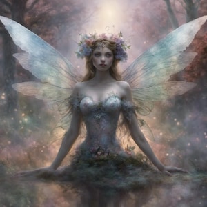 May include: A digital illustration of a fairy with long blonde hair, wearing a floral crown and a dress adorned with flowers. The fairy has large, translucent wings and is set against a soft, blurred forest background.