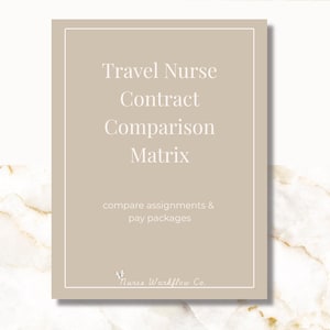 May include: A beige rectangular graphic with white text that reads "Travel Nurse Contract Comparison Matrix." Below, it says "compare assignments & pay packages." The Nurse Workflow Co. logo is at the bottom.