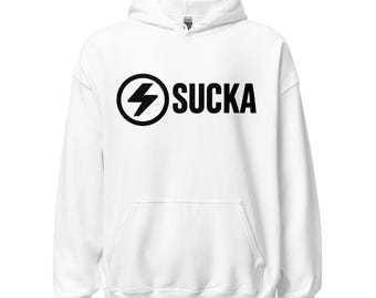 SUCKA Unisex Heavyweight Hoodie – White Pullover Hoodie, Gildan 18500 Streetwear, Minimal Logo Sweatshirt