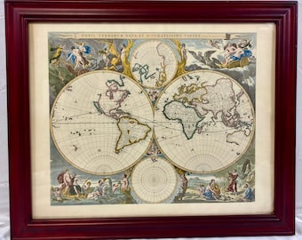 Mapamundi vintage de Visscher, impresiones de Penn enmarcadas, California como arte náutico insular