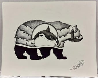 Dibujo original en tinta de Smokin' Joes: Oso, orca, faro, arte punteado, 11 x 14