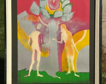 Paul Guiramand Adam i Ewa, wydruk, sygnowany i numerowany 12/40, oprawiony w ramę 32x24