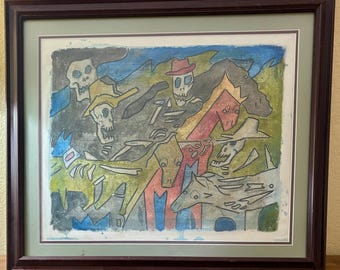 Pintura original de Hagan Hall "Entre medio III" Amarillo, TX Western Skeleton Art