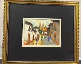 Original Aquarell Gemälde Hispanic Straßenszene gerahmt 21x18 Lateinische Kunst