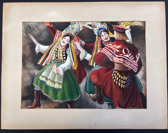 Polish Krakowiak Dancers Gouache Painting Attributed to Edmund Lewandowski, Signed E. D. Lewandowski, 20x26 Folk Dancers Art