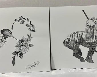 Smokin' Joes Art Prints Set Hummingbird & Buck Silhouette Stippling Art 11x14
