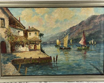 Claude Montier - Veleros del puerto - Óleo sobre lienzo enmarcado (36 x 23)