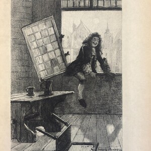 May include: A black and white ink illustration depicting a person with long curly hair sitting on a window ledge. A wooden table with two mugs stands nearby, and a wooden chair lies overturned on the floor. The artist signature reads François Flameng 86.