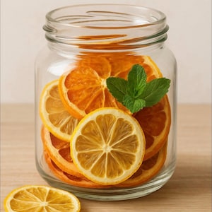 May include: A clear glass jar filled with dried orange and lemon slices, and a sprig of mint. One lemon slice rests outside the jar on a wooden surface. The dried citrus fruits are a vibrant orange and yellow color.