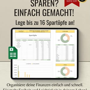 May include: A digital budget planner displayed on a tablet screen, featuring financial tables, pie charts, and bar graphs. The interface includes text headers like Know How To Finance, Spart&ouml;pfe, and U-Fix/Jahr, alongside a green Excel icon.