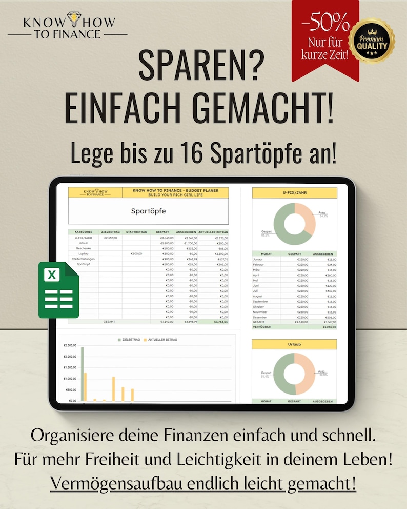 May include: A digital budget planner displayed on a tablet screen, featuring financial tables, pie charts, and bar graphs. The interface includes text headers like Know How To Finance, Spart&ouml;pfe, and U-Fix/Jahr, alongside a green Excel icon.