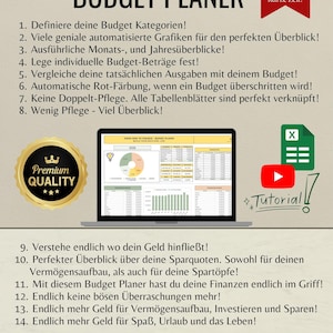 May include: A digital budget planner displayed on a laptop screen, featuring financial charts, tables, and data. The image includes a gold premium quality seal, a green spreadsheet icon, a red YouTube play button, and the text KNOW HOW TO FINANCE.