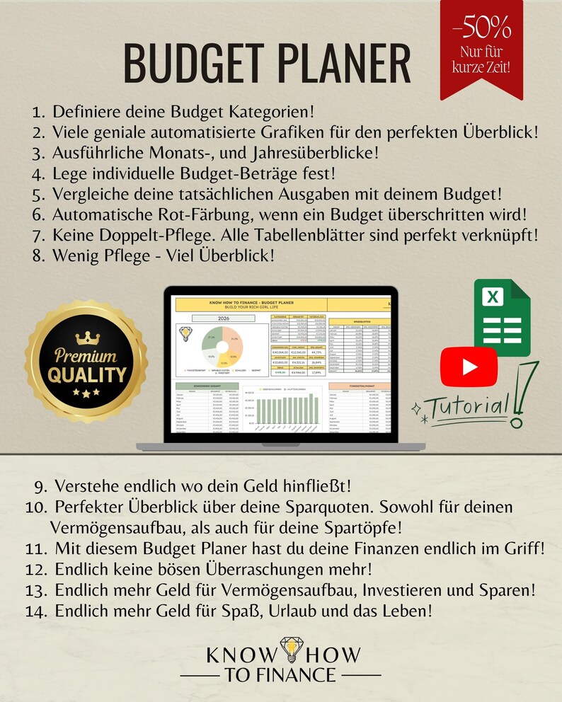 May include: A digital budget planner displayed on a laptop screen, featuring financial charts, tables, and data. The image includes a gold premium quality seal, a green spreadsheet icon, a red YouTube play button, and the text KNOW HOW TO FINANCE.