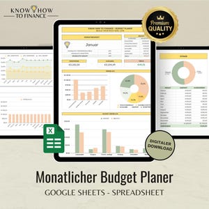 May include: A digital monthly budget planner spreadsheet displayed on three tablet screens, featuring financial charts, pie graphs, and tables with data in Euros. The interface includes the text Know How To Finance, Premium Quality, and Digitaler Download.