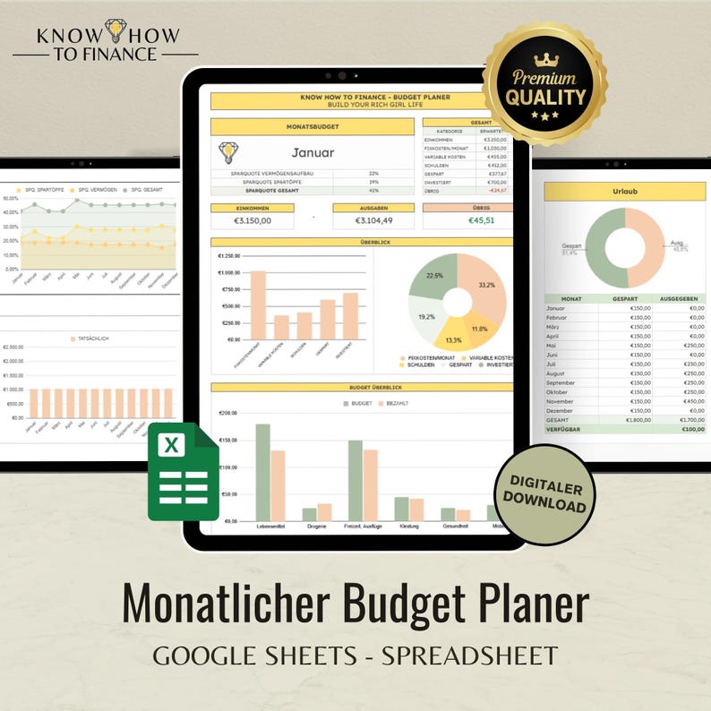 May include: A digital monthly budget planner spreadsheet displayed on three tablet screens, featuring financial charts, pie graphs, and tables with data in Euros. The interface includes the text Know How To Finance, Premium Quality, and Digitaler Download.