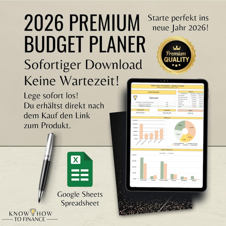 May include: A 2026 digital budget planner displayed on a tablet screen, featuring financial charts, tables, and data for January. The image includes a black pen, a green spreadsheet icon, and text reading 2026 PREMIUM BUDGET PLANER and KNOW HOW TO FINANCE.