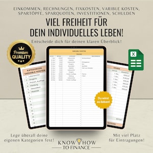 May include: A digital financial tracker displayed on three tablet screens, featuring columns for dates, amounts, categories, and descriptions. The interface includes text in German, a green Excel icon, a gold Premium Quality seal, and a yellow starburst graphic.