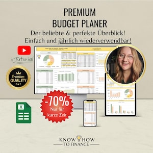 May include: A digital budget planner displayed on a computer monitor, tablet, and smartphone screen. The interface features financial charts, tables, and data entry fields. A circular portrait of a person is visible, along with a YouTube icon and a spreadsheet icon.