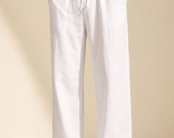 Men Cotton Linen pants  | Casual Wide Leg Trousers | Drawstring Pants | Breathable vacation outfit  |  Summer Relaxed Fit Beach Pants