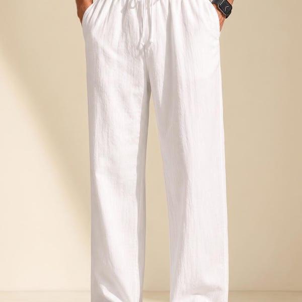 Men Cotton Linen pants  | Casual Wide Leg Trousers | Drawstring Pants | Breathable vacation outfit  |  Summer Relaxed Fit Beach Pants