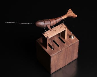 Swimming Wooden Narwhal Hand-Carved Kinetic Sculpture | Wooden Whale Automaton with Music Box | Mechanical Fidgets | Handcrafted Desk Decor