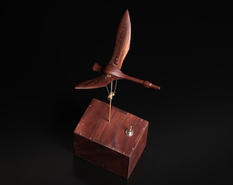 Swan Automaton with Music Box | Hand-Carved Wooden Swan in Flight | Automated Kinetic Sculpture | Home Decor & Desk Accent