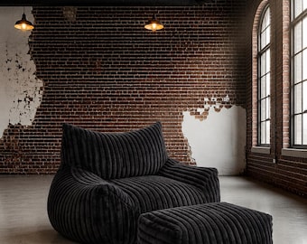 Extra grote corduroy loungestoel met voetenbank, pluche vloerbank, moderne comfortabele fauteuil voor woonkamer en slaapkamer om te ontspannen.