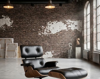 Mid Century Lounge Chair with Ottoman Black Leather Recliner Modern Accent Chair Wood Frame Comfortable Living Room Furniture Classic Design