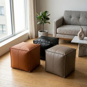 Square Faux Leather Moroccan Pouf Ottoman Cover Modern Cube Footstool Minimalist Floor Seat for Living Room Bedroom Boho Home Decor