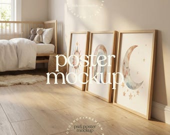 Nursery Floor Mockup – 3 Frame PSD | Neutral Kids Room, Wooden Frames