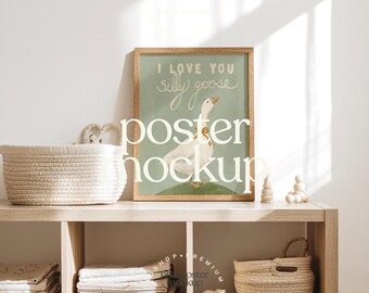 Neutral Nursery Wall Art Mockup | Wooden Frame on Shelf | Scandinavian Baby Room Styled Stock Photo | Vertical Frame Mockup
